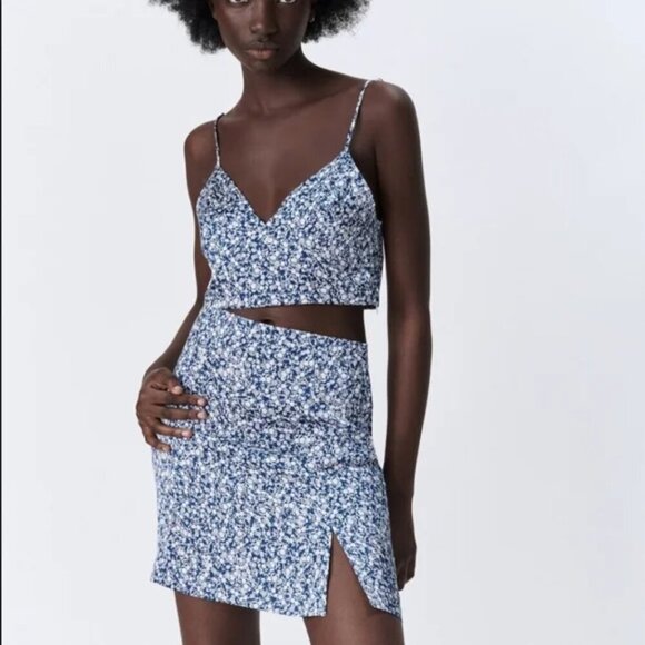 Zara 2 Piece Satin Effect Floral Skirt + Crop Tank Blue White Size Small - Picture 3 of 12